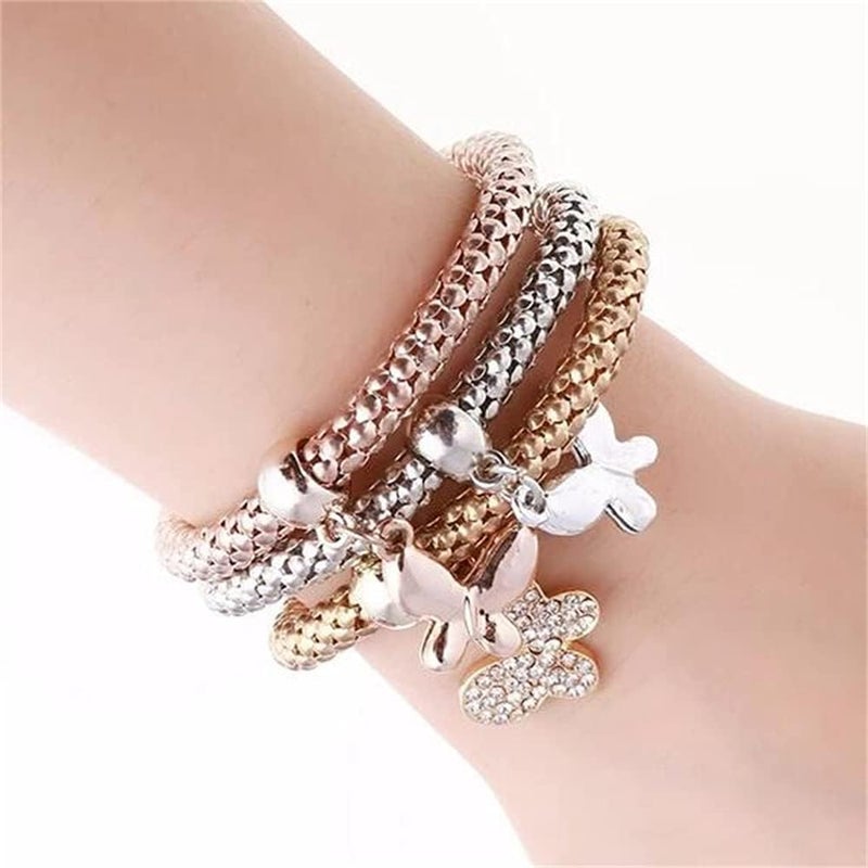 SILANER Crystal Charms Multilayer Bracelets - 3PCS Gold/Silver/Rose Gold Corn Chain Bracelet for Women, Tree of Life Heart Shaped Stretch Bracelet - Image 2
